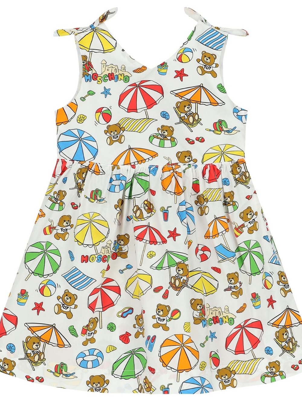 Moschino Multicolor Beach Umbrella & Teddy Print Tie-Shoulder Dress